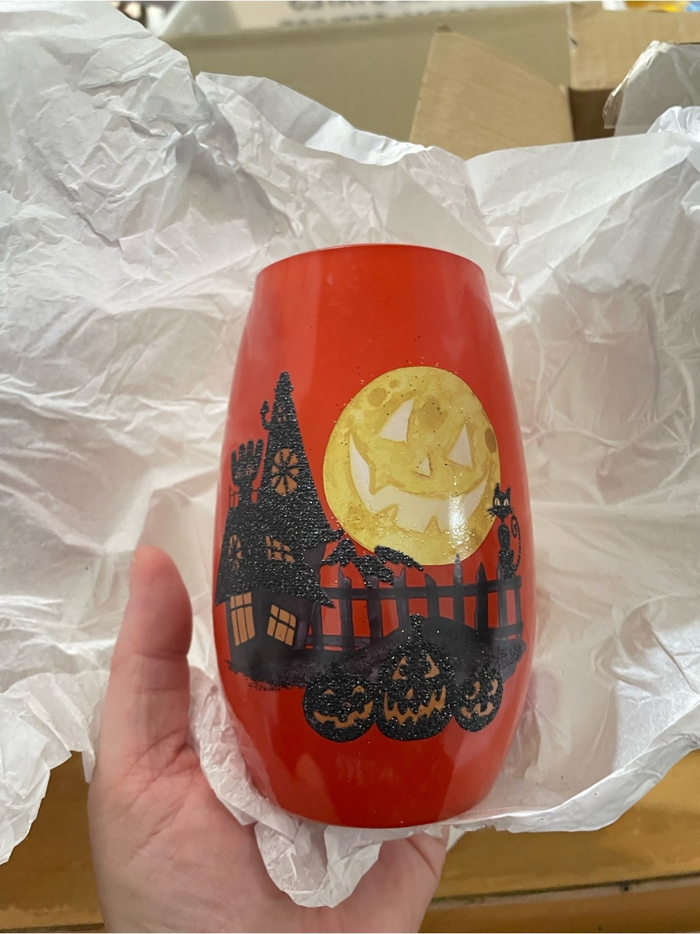 Orange Halloween Glass Candle Holder with Yellow Moon & Haunted Scene